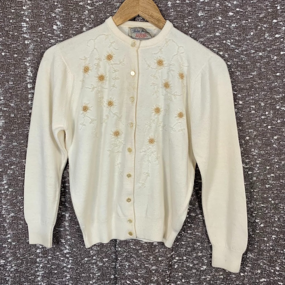 Vintage Helen Harper Floral Beaded Orlon‎ Cardigan Sweater 50s/60s Womens